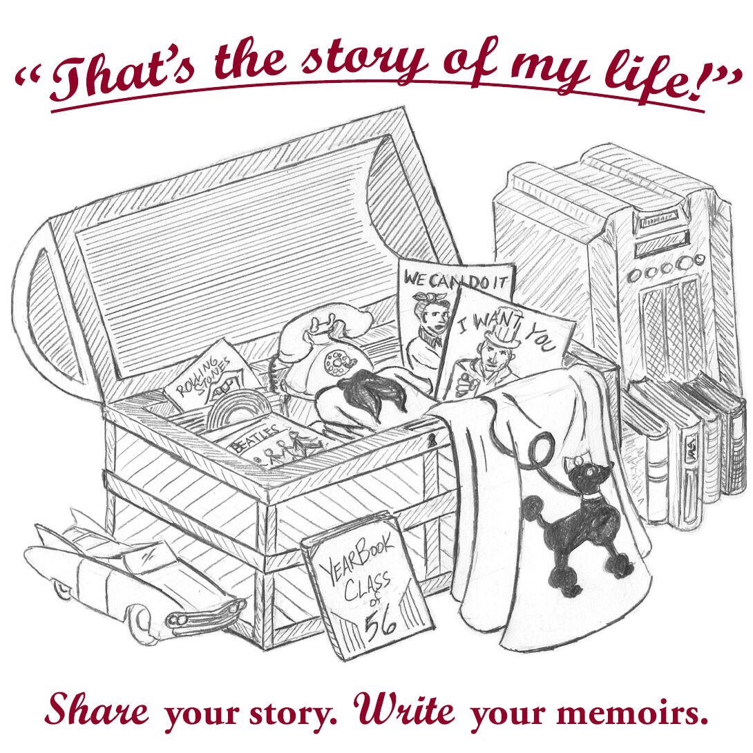 "That's the Story of My Life" memoir-writing class logo. Share your story. Write your memoirs.
